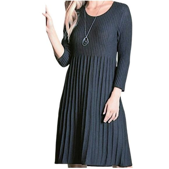 Eileen Fisher Washable Wool Scoop Neck Pleated Dress Navy Small Petite - Picture 2 of 8